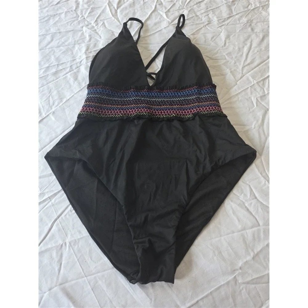 NWOT Bar III S Smocked Black Deep V 1PC Swimsuit 130804 - Picture 5 of 5